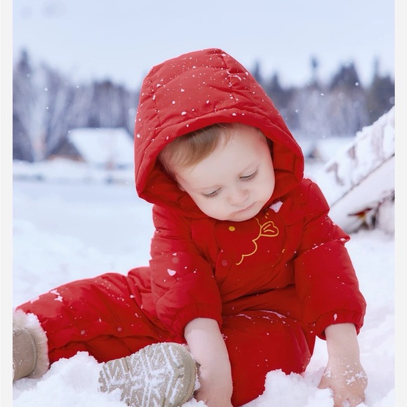 Red Hooded Baby Snowsuit | Warm Lightweight One Piece - Picture 1 of 2